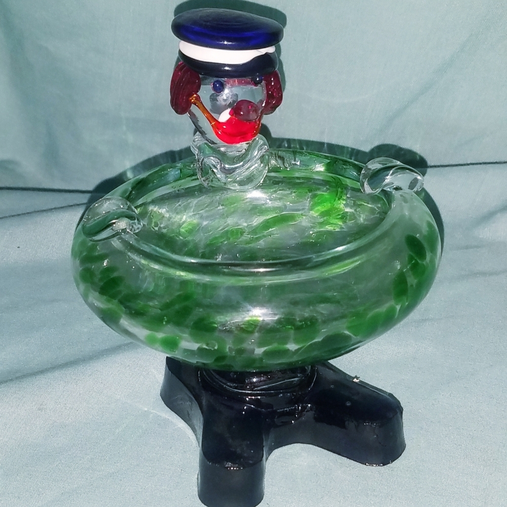 Vintage Antique Mid Century Murano Art Blown Glass Clown Dog Ashtray Sailor Hat